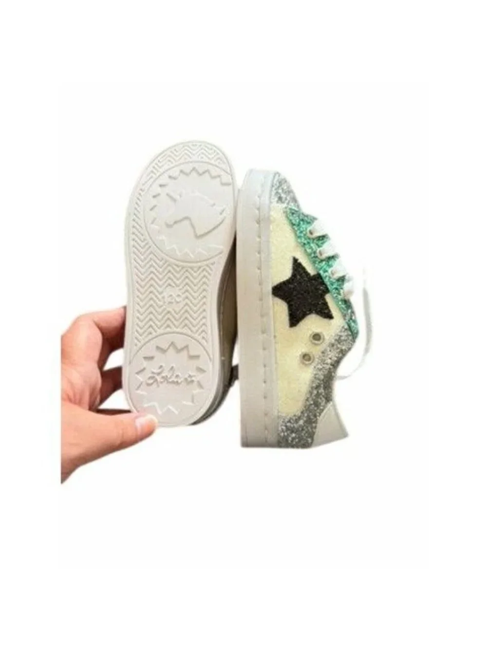 Lola and The Boys Star Silver Glitter Sneakers Size 12C With Green & Pink Accent